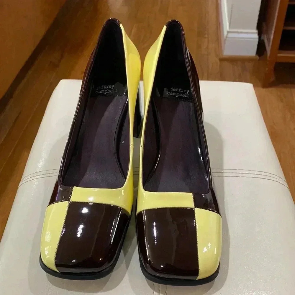 Jeffrey Campbell Brown and Yellow Patent Leather Block Heel Pumps - Picture 4 of 8